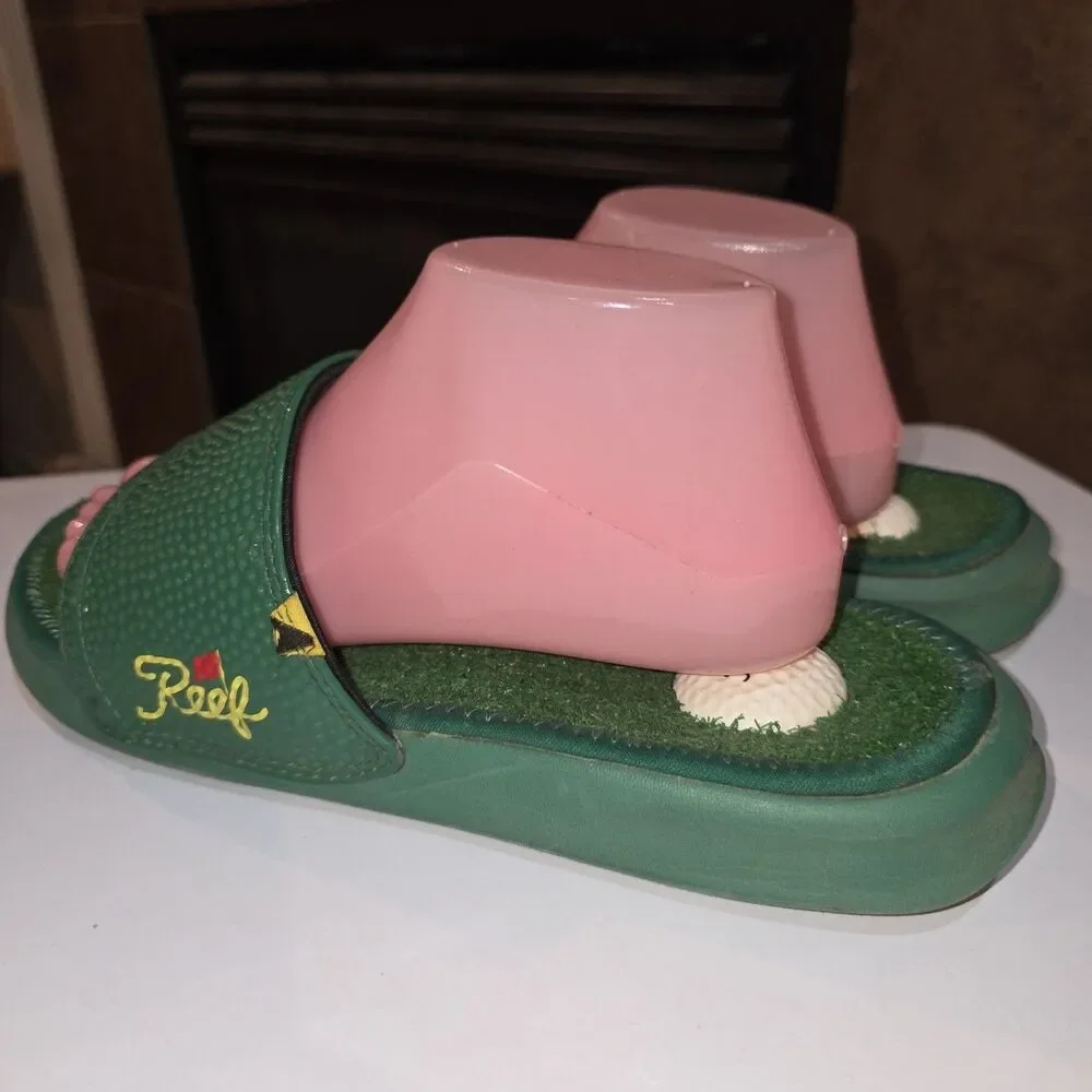 REEF MULLIGAN Sz 9 Green Turf Grass Golf Ball Heel Slide On Sporty Logo Sandals